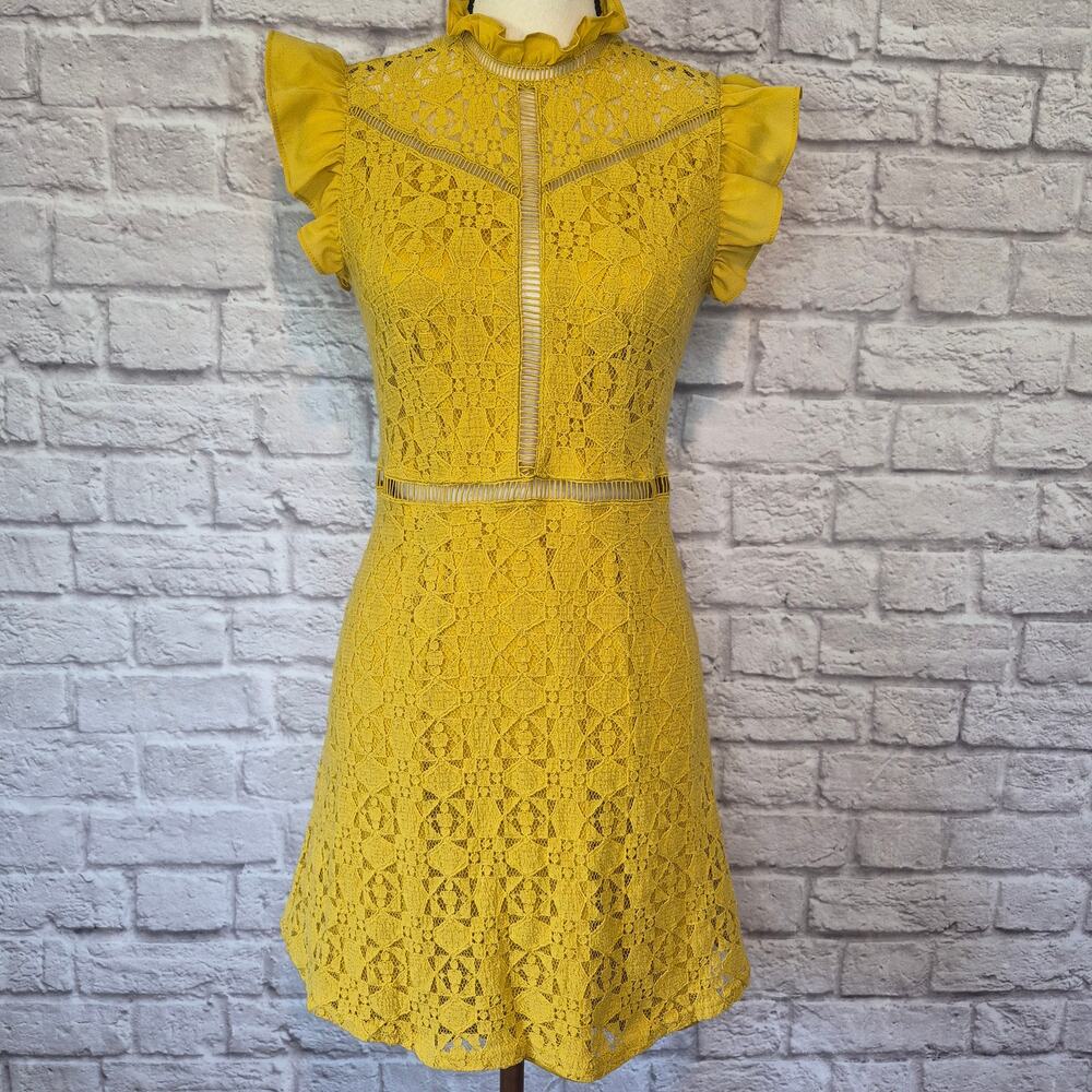 Altar'd State dress mustard yellow lace flutter sleeve high neck mini size S - Picture 3 of 9